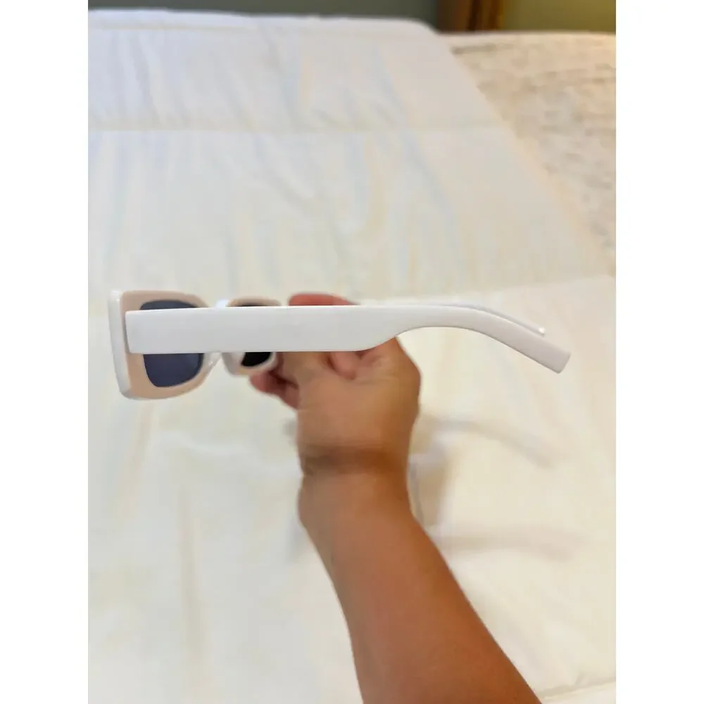 Retro White Rectangle Sunglasses‎ Thick Frame Chunky Vintage Style Trendy Shades